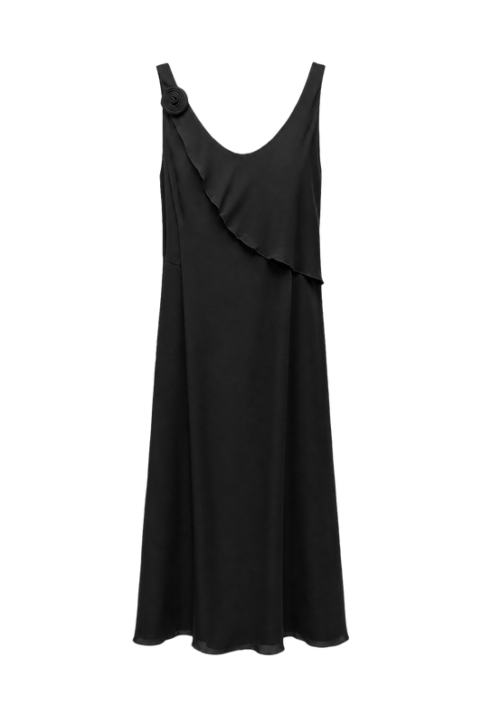 1990s Black Silk Blend Dress - Front View