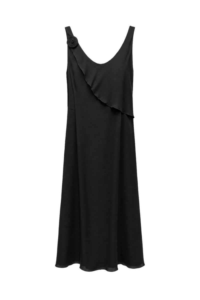 1990s Black Silk Blend Dress - Front View