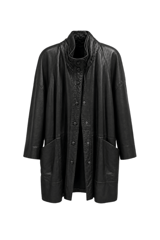 1980s Black Leather Coat - Front View