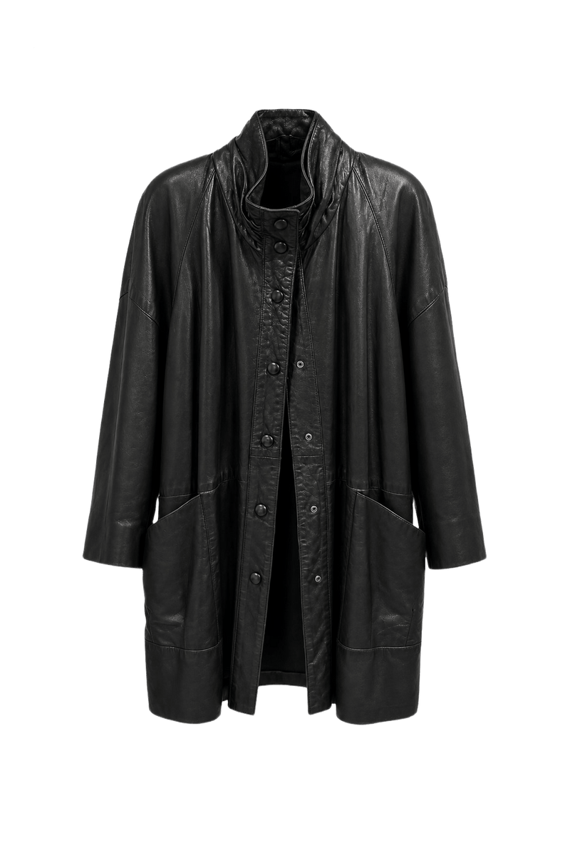 1980s Black Leather Coat - Front View