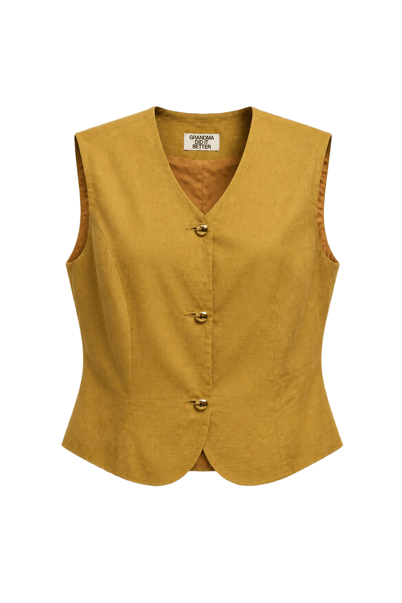 1990s Mustard Yellow Linen Vest - Front View
