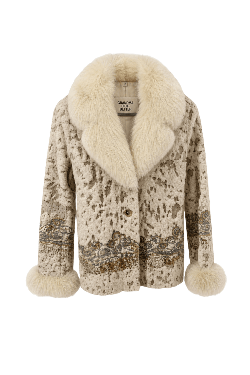 1980s Cream Faux Fur Coat - Front View