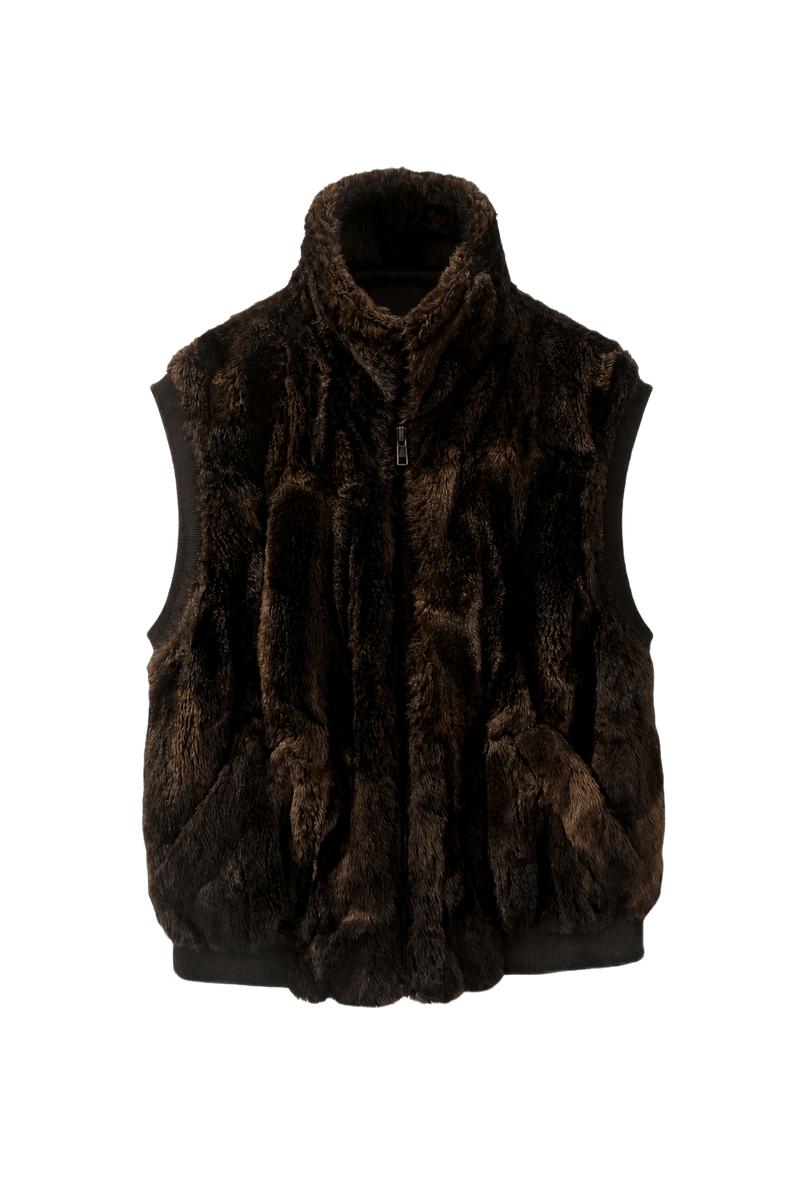 1990s Brown Faux Fur Vest - Front View