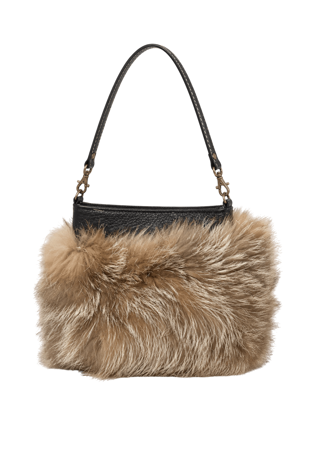 1980s Black Leather and Fur Handbag - Front View