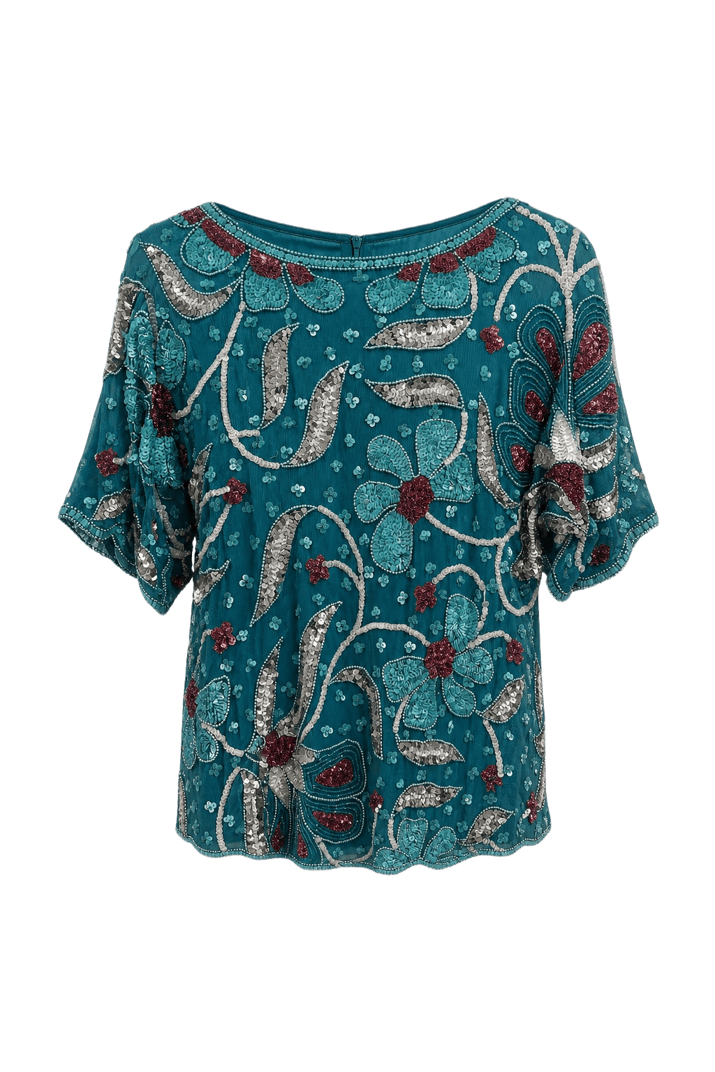 1980s Teal Synthetic Blouse - Front View