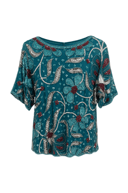 1980s Teal Synthetic Blouse - Front View