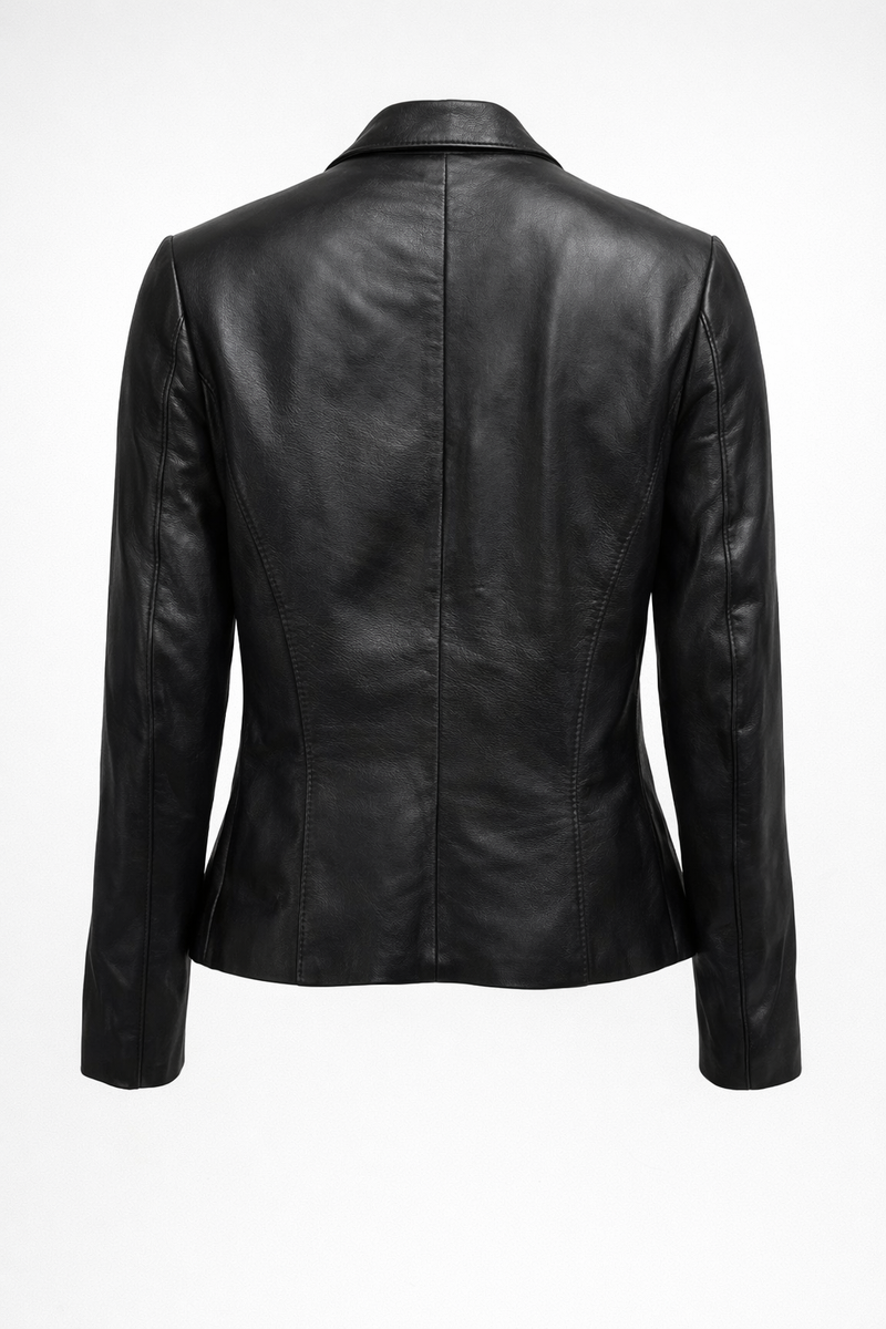 90s Black Leather Fitted Jacket with Embroidery - Back View
