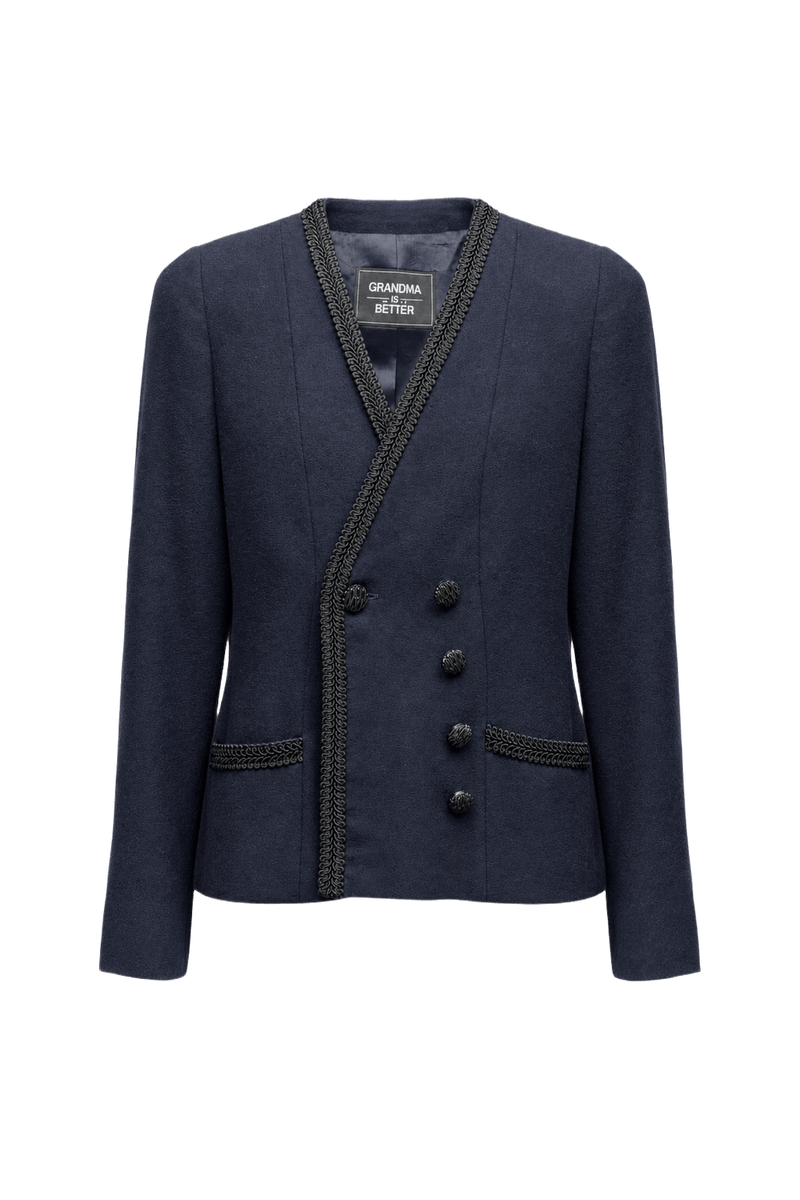 1980s Navy Blue Wool Blazer - Front View