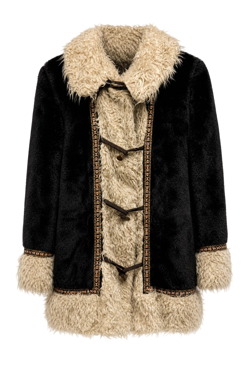 1970s Black Beige Faux Fur Coat - Front View