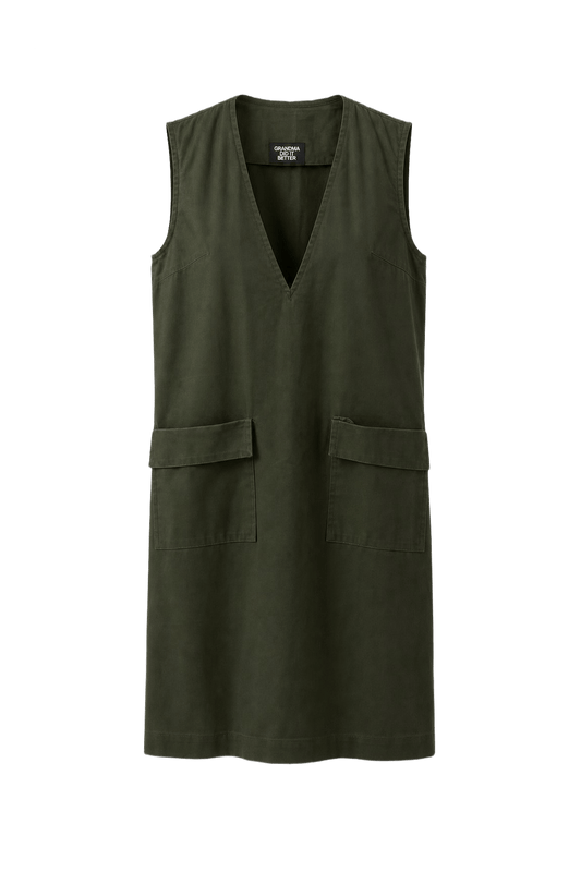 1970s Dark Olive Green Cotton Blend Shift Dress - Front View
