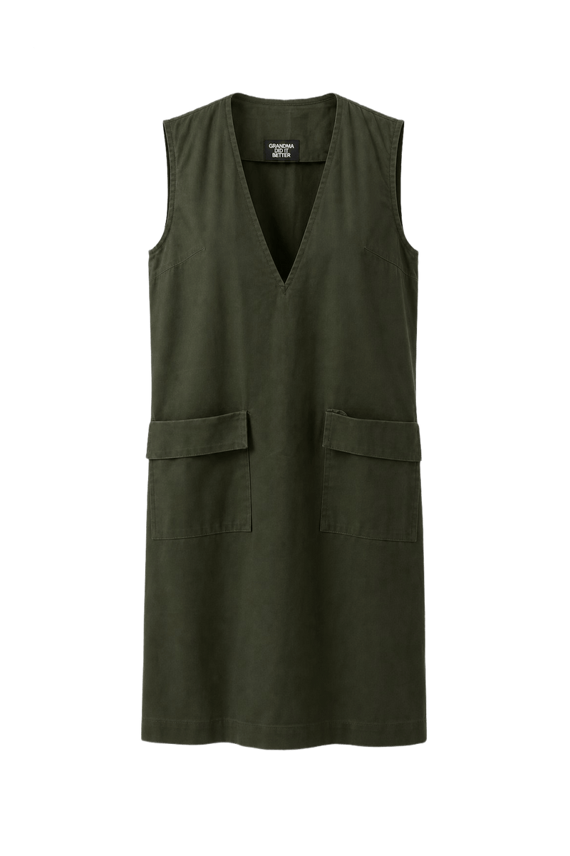 1970s Dark Olive Green Cotton Blend Shift Dress - Front View