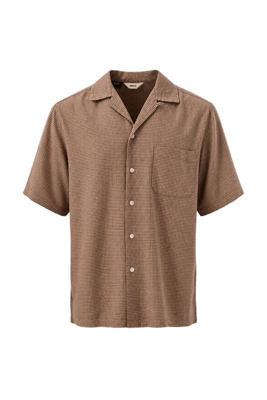 1960s Brown and White Cotton Camp Collar Shirt - Front View