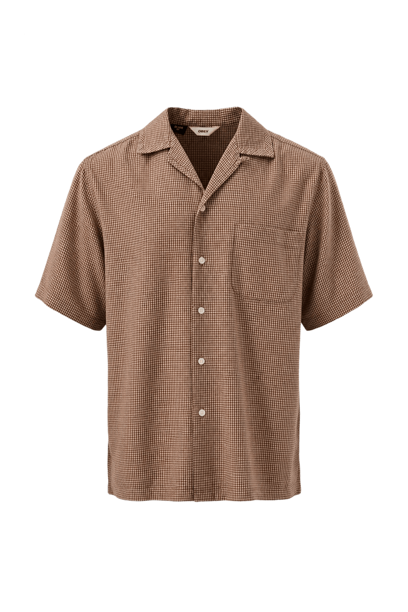 1960s Brown and White Cotton Camp Collar Shirt - Front View