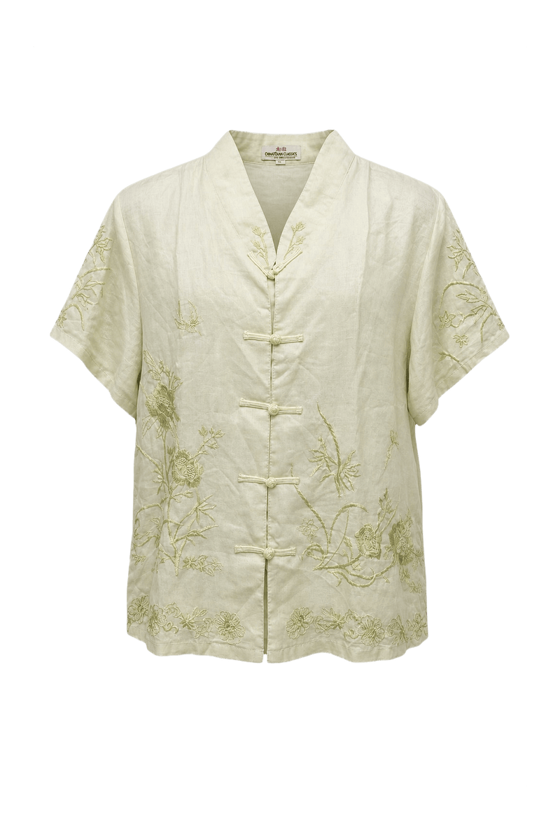 1990s Light Green Linen Blend Blouse - Front View