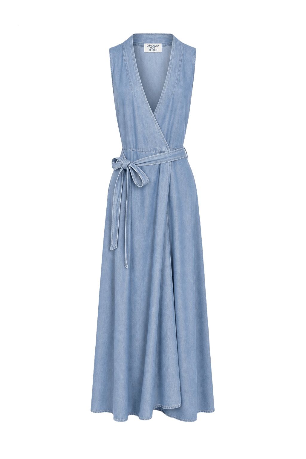 1970s Light Blue Cotton Blend Maxi Dress - Front View