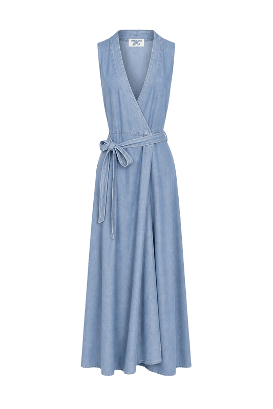 1970s Light Blue Cotton Blend Maxi Dress - Front View