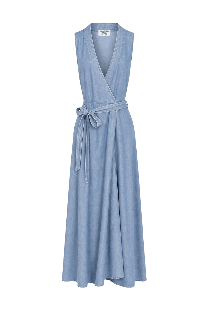 1970s Light Blue Cotton Blend Maxi Dress - Front View
