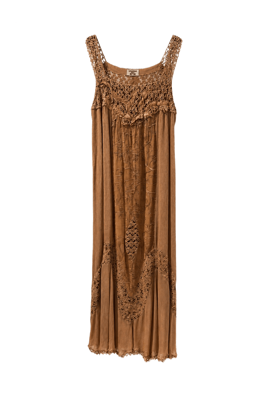 1970s Beige Cotton Blend Maxi Dress - Front View