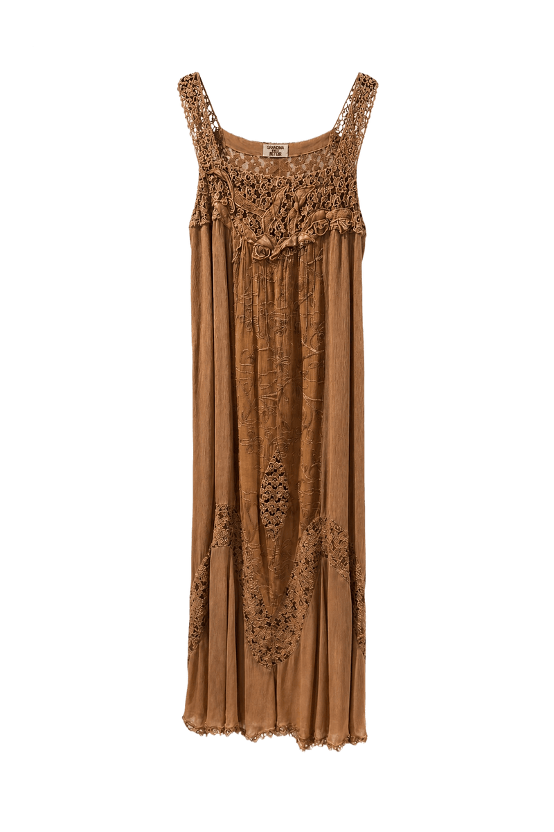 1970s Beige Cotton Blend Maxi Dress - Front View