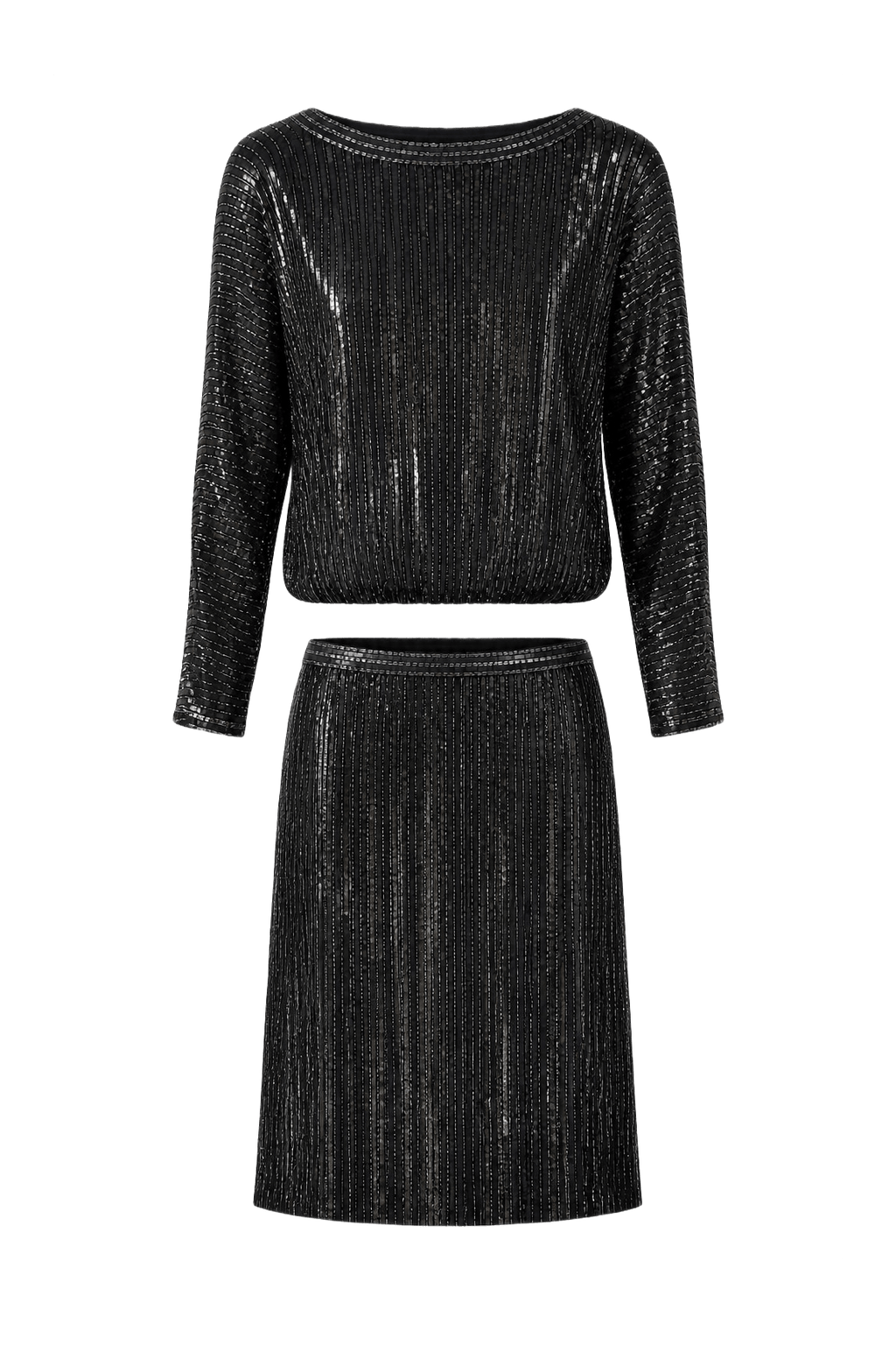 1980s Black Synthetic Blend Blouse and Skirt - Front View