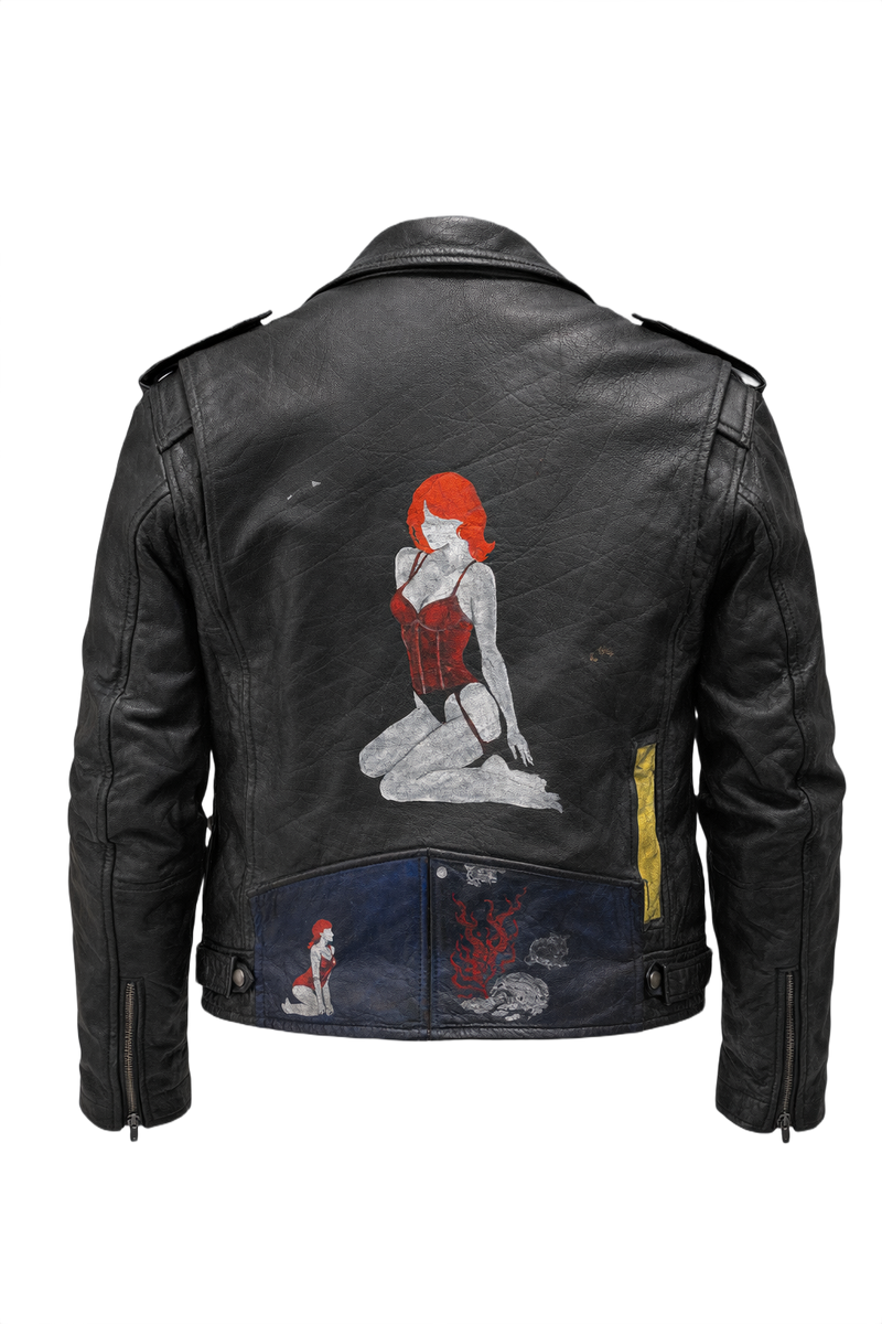 1990s Black Leather Painted Graphics Leather Jacket - Back View