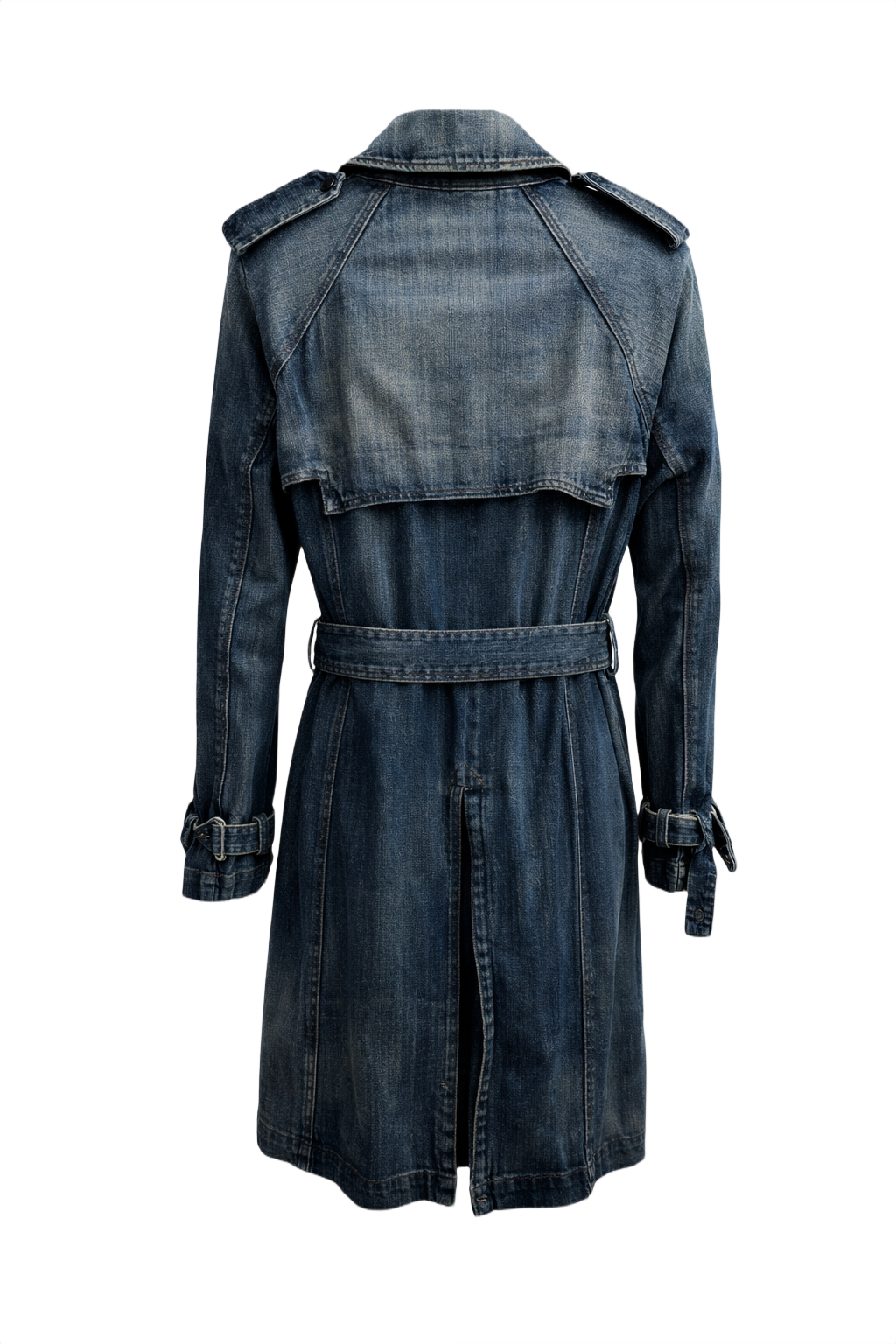 1990s Medium Blue Denim Trench Coat - Back View