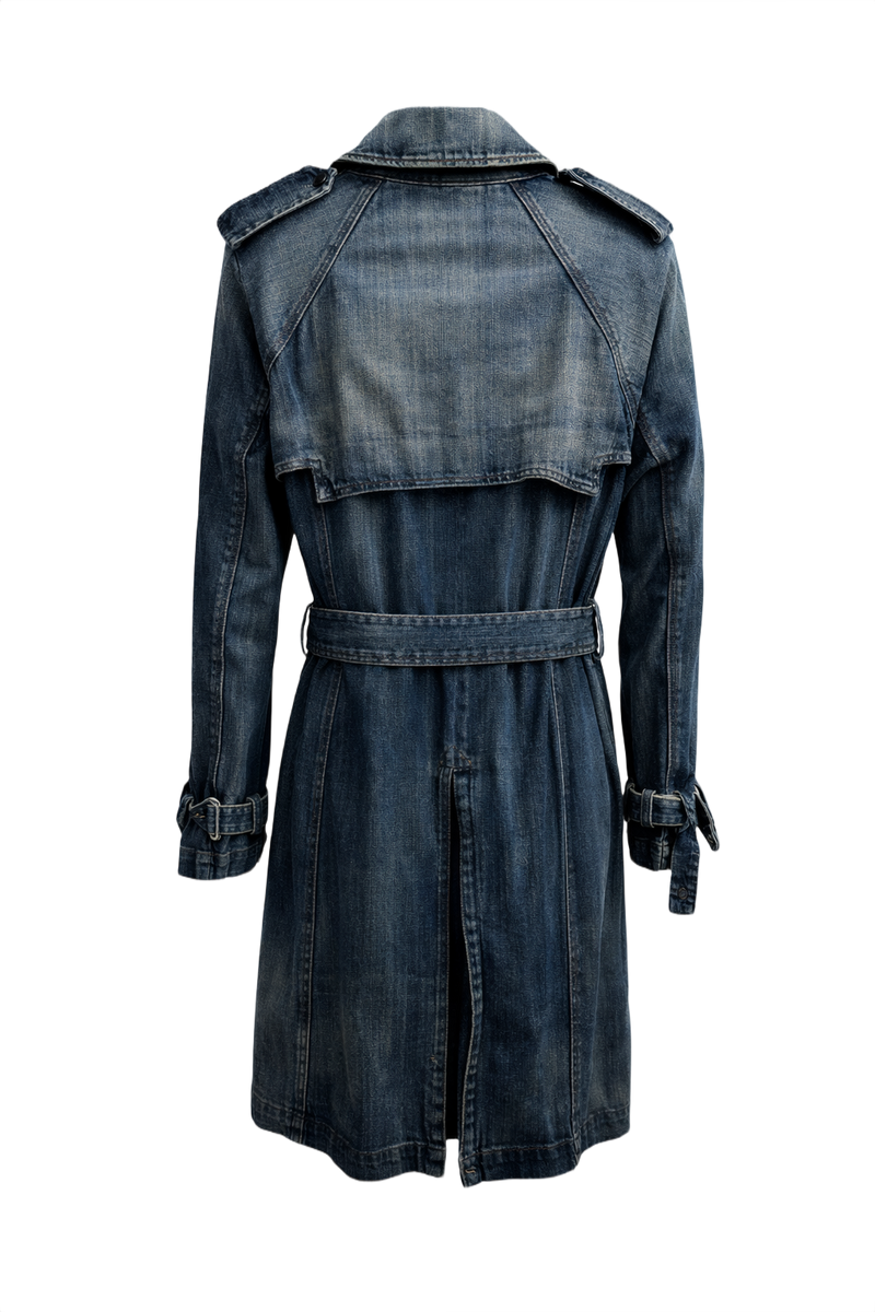 1990s Medium Blue Denim Trench Coat - Back View