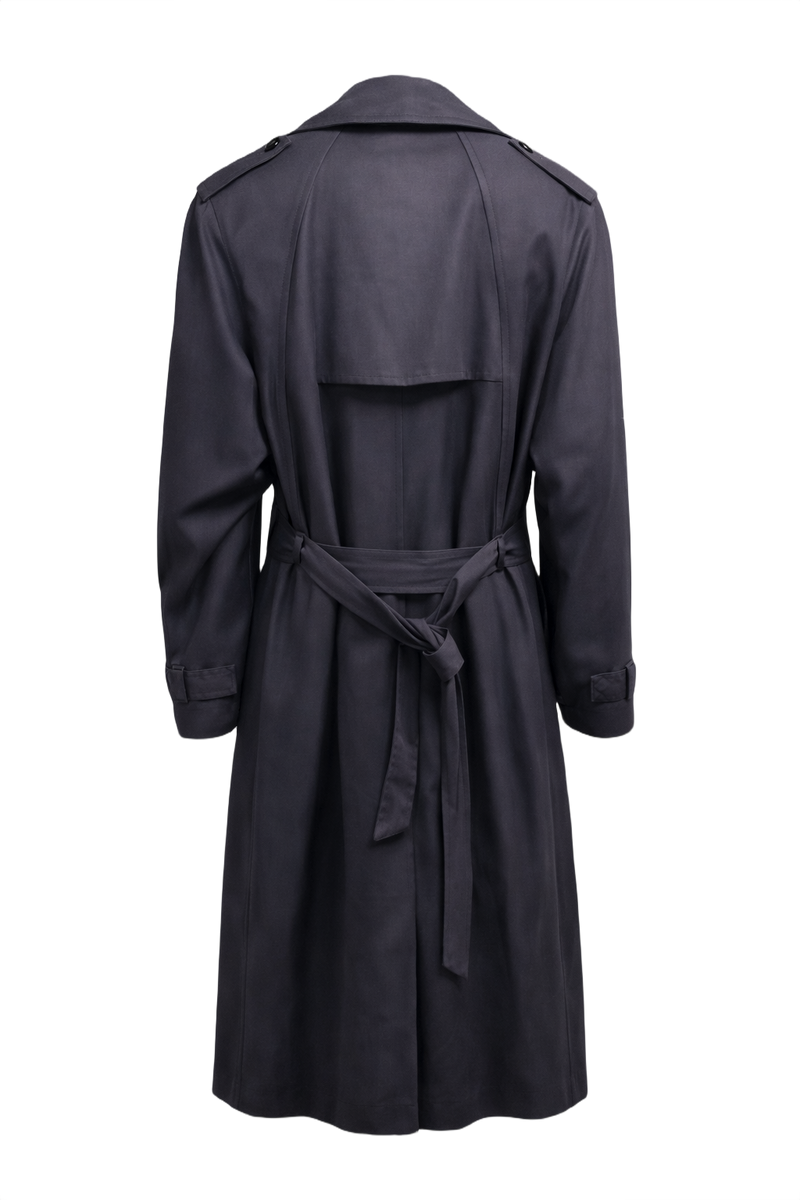 1990s Dark Gray Polyester Blend Trench Coat - Back View
