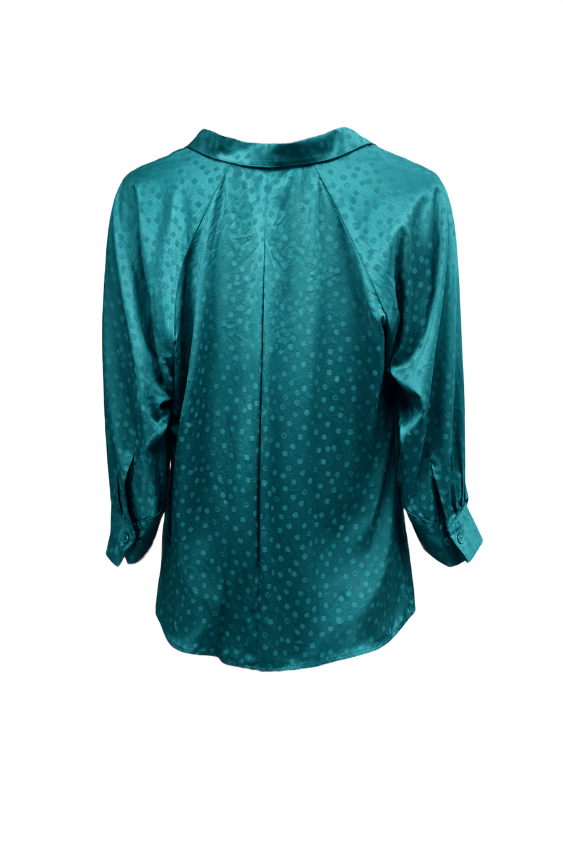 1980s Teal Polyester Blouse - Back View