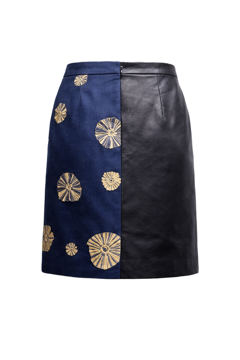 1990s Navy Blue Leather Denim Skirt - Back View