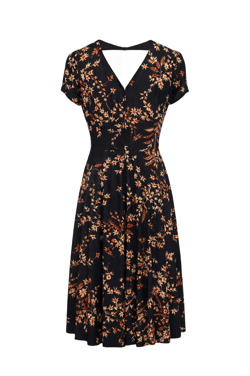 1950s Black Beige Floral Dress - Back View