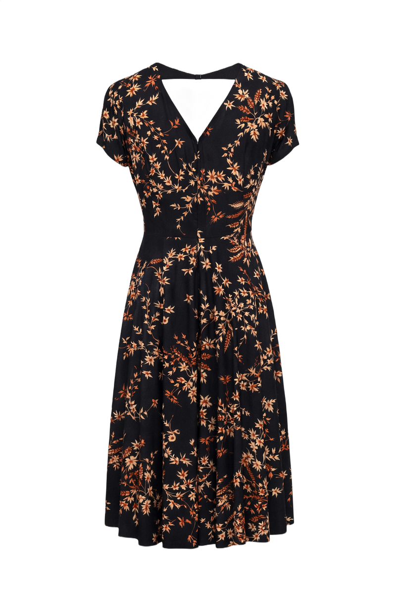 1950s Black Beige Floral Dress - Back View