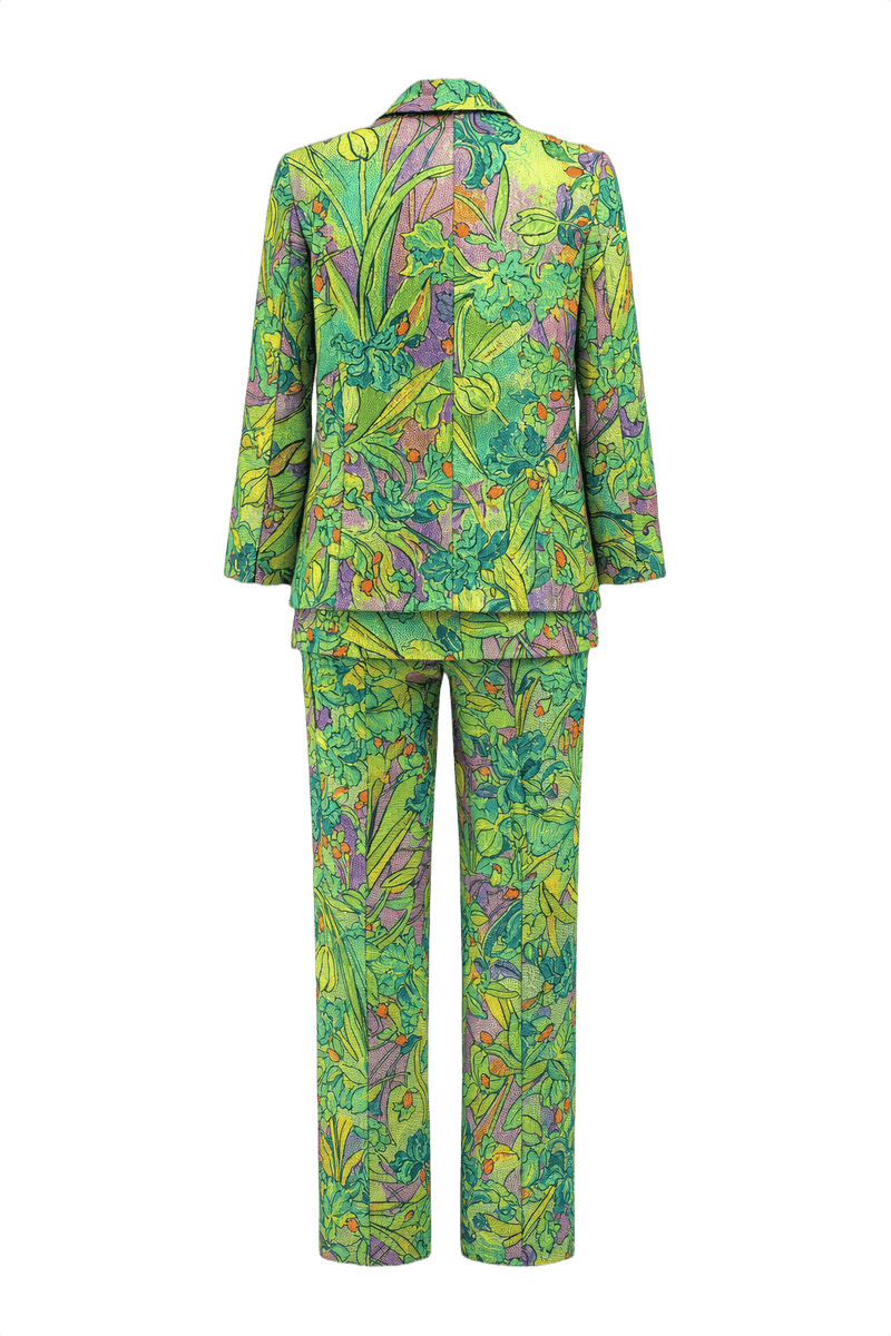 1980s Green with Multicolor Floral Polyester Blazer and Top Set - Back View