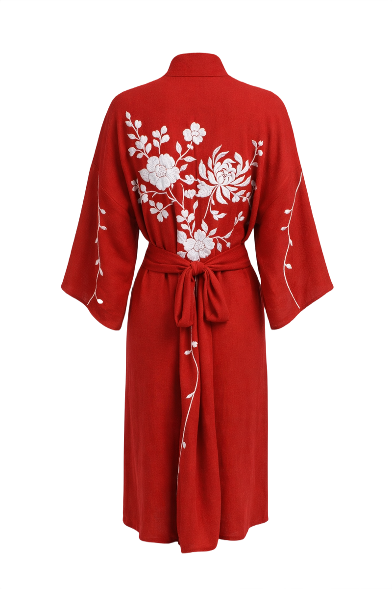 1940s Red Silk Blend Kimono - Back View