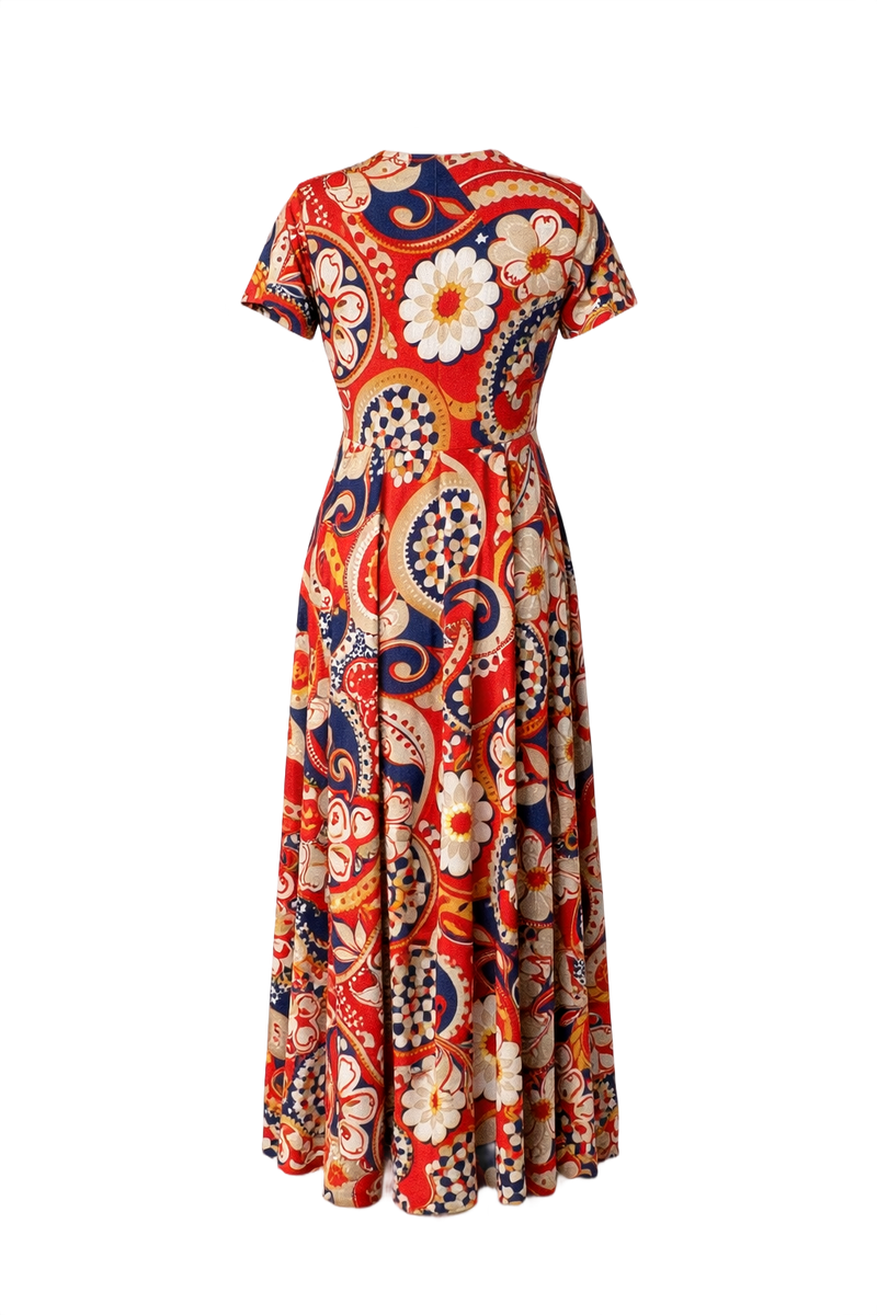 1970s Red Cotton Maxi Dress - Back View