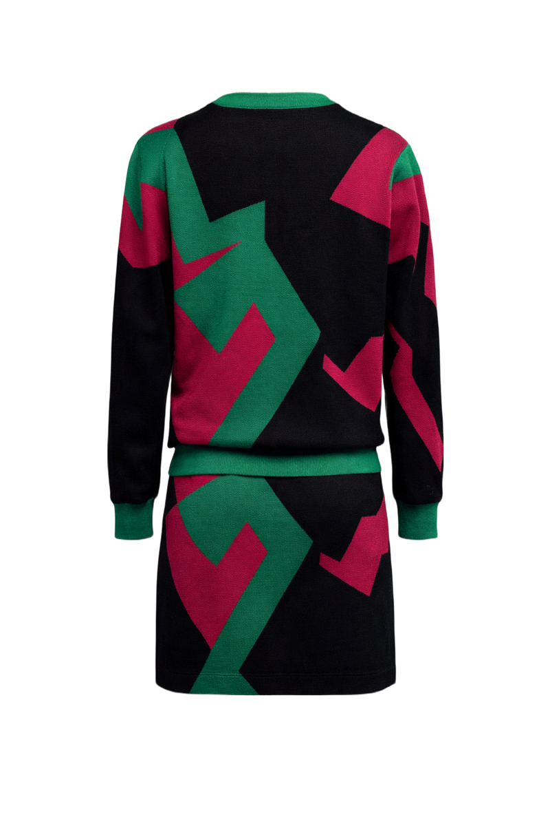 1990s Black Green Magenta Knit Top and Skirt Set - Back View