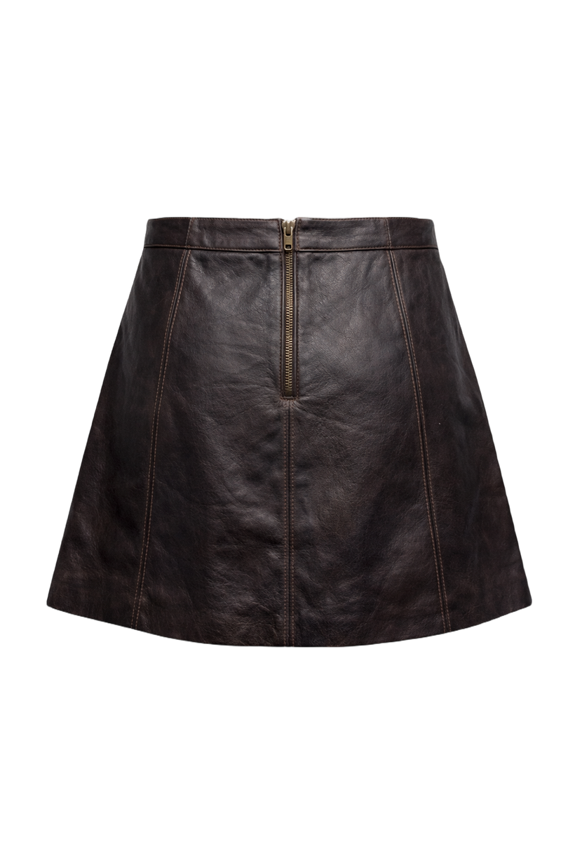1990s Dark Brown Leather Skirt - Back View