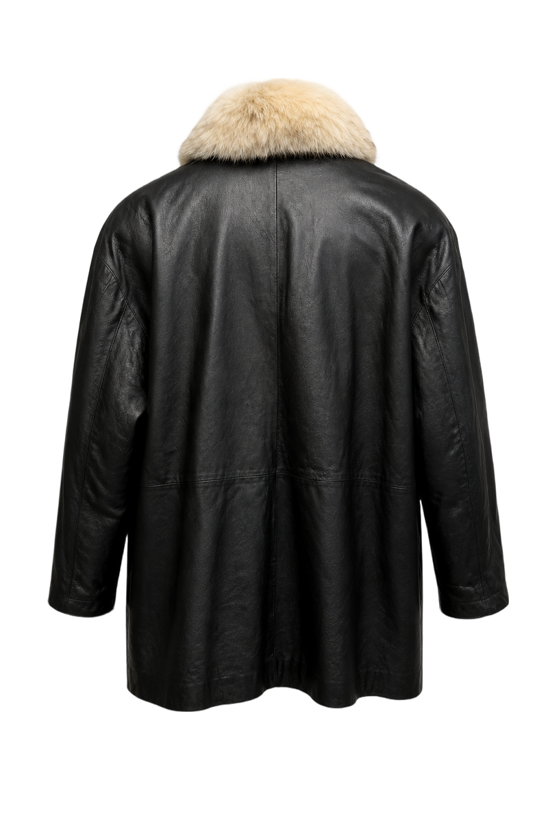 1990s Black Leather Coat Fur Collar - Back View