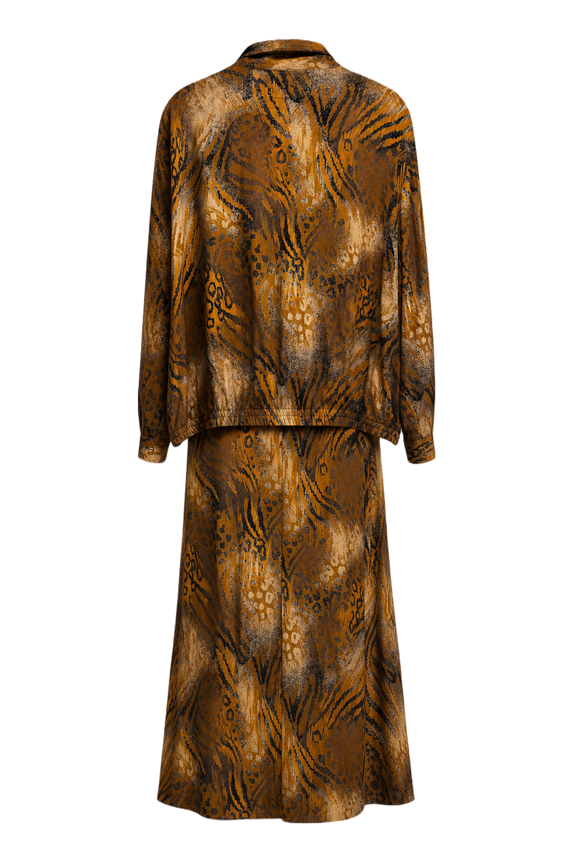 1970s Brown Animal Print Synthetic Blend Jacket and Skirt Set - Back View