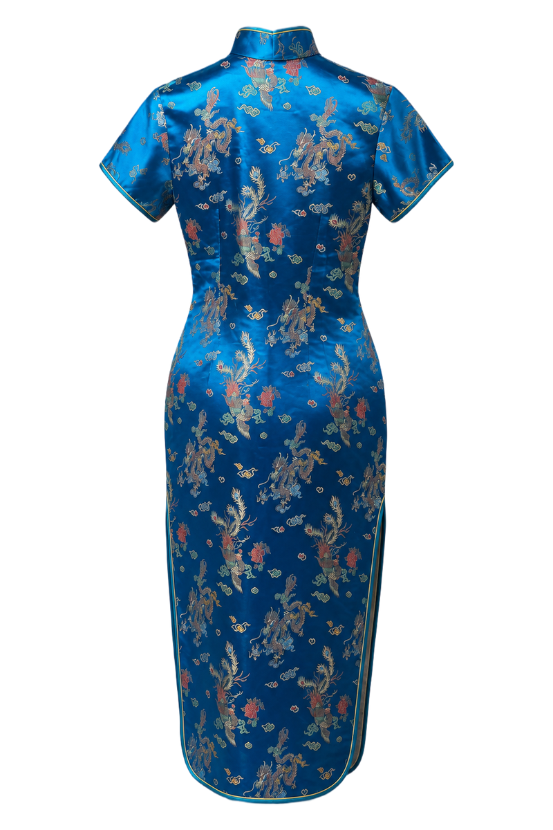 1970s Royal Blue Synthetic Silk Cheongsam - Back View