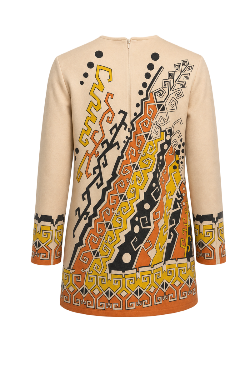 1970s Beige Synthetic Blend Shift Dress - Back View