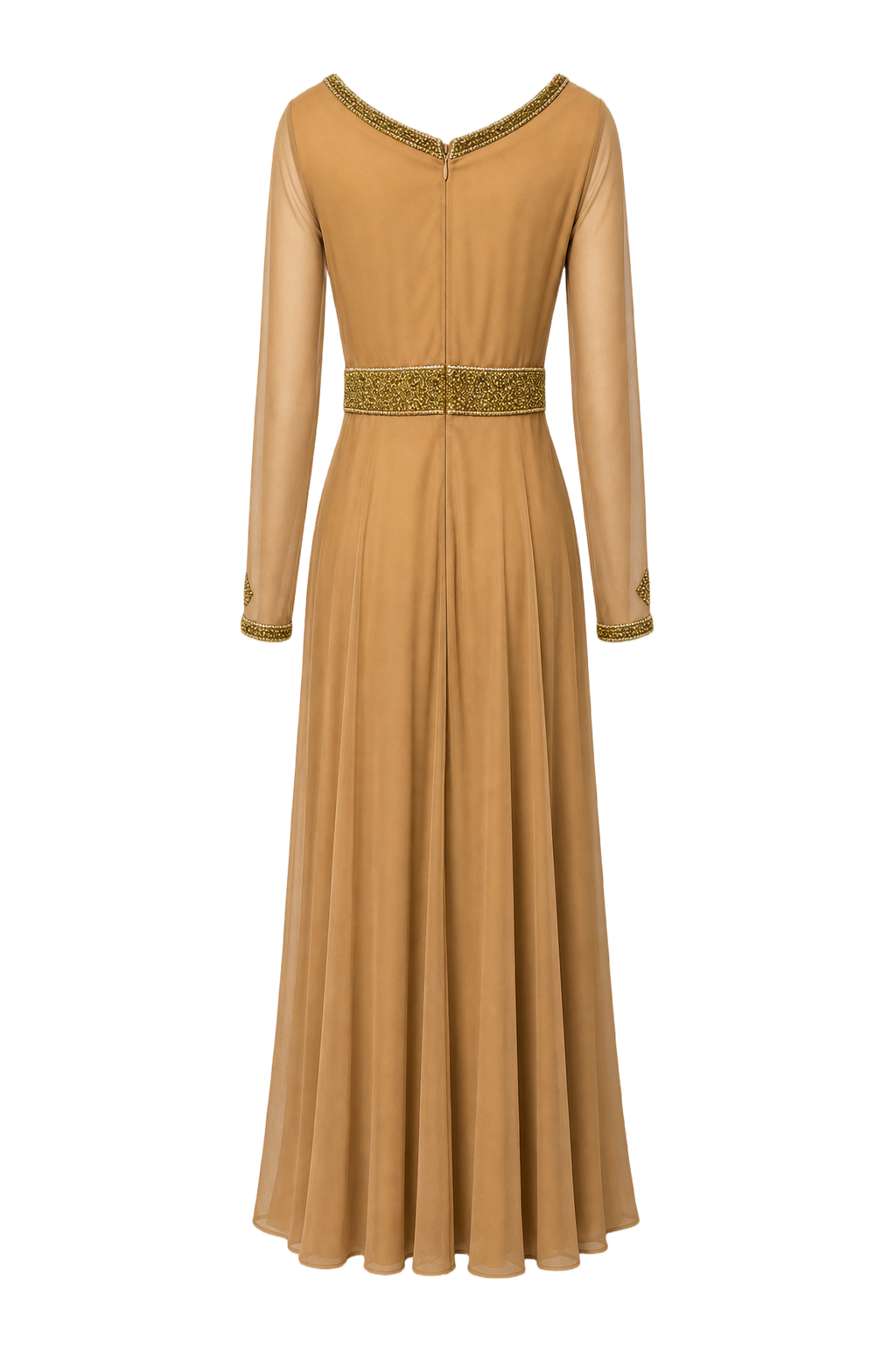 1970s Camel Brown Synthetic Blend Maxi Dress - Back View