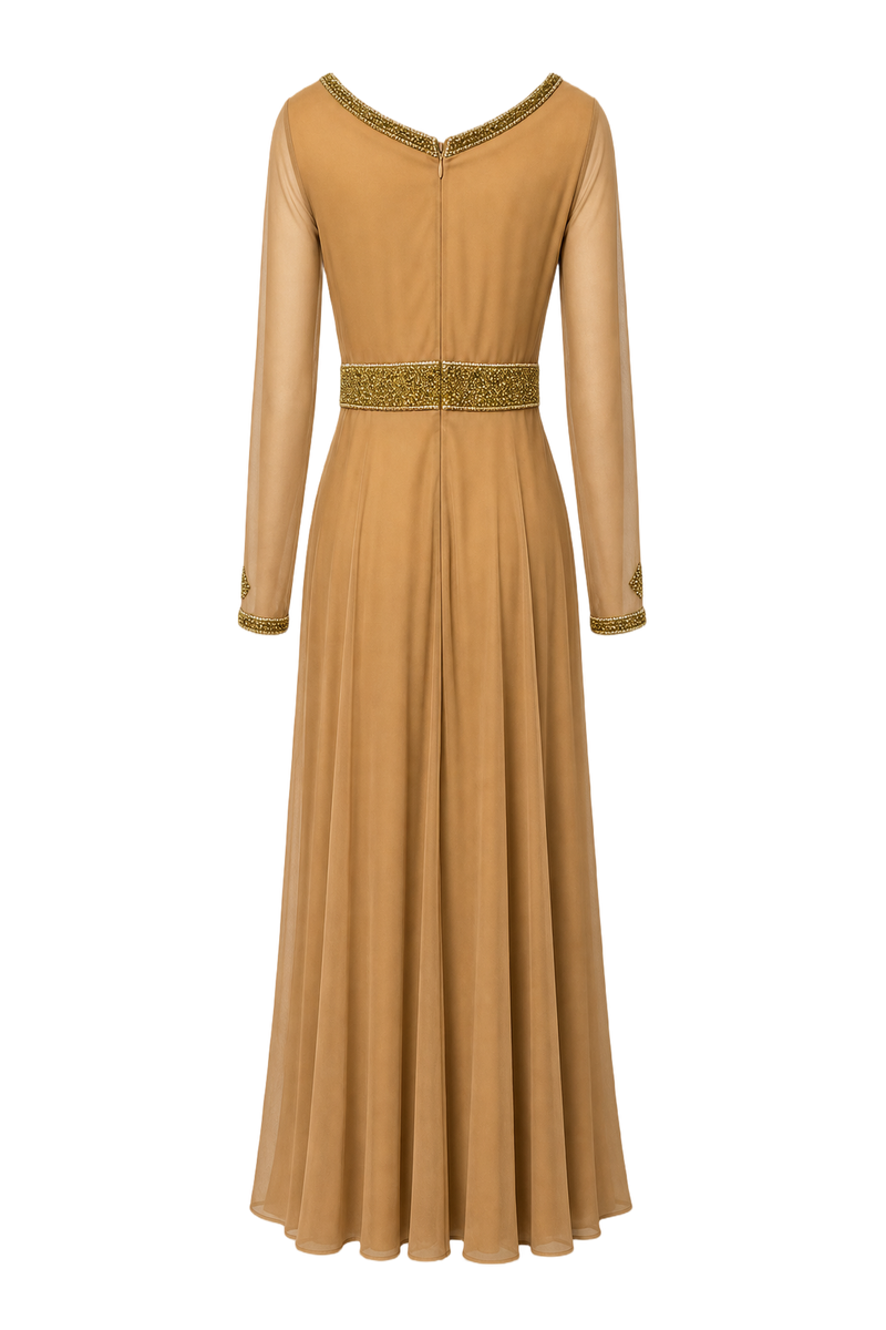 1970s Camel Brown Synthetic Blend Maxi Dress - Back View