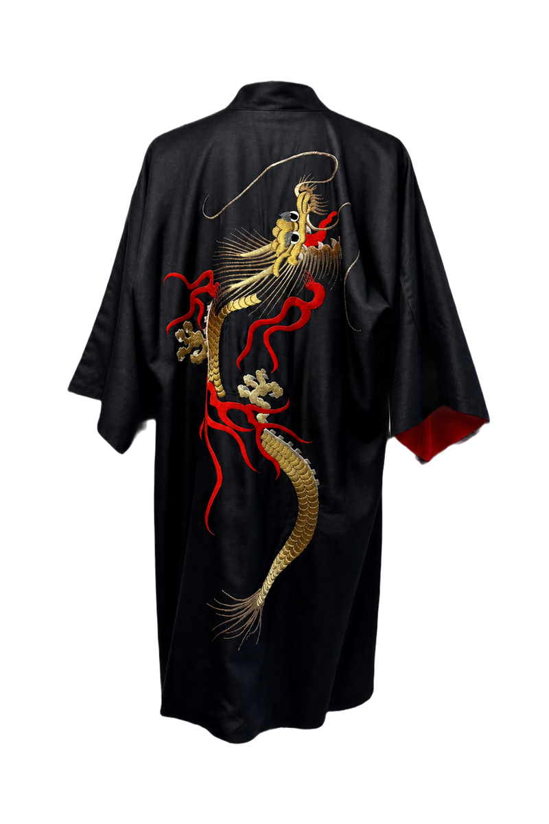 1970s Black Silk Kimono - Back View