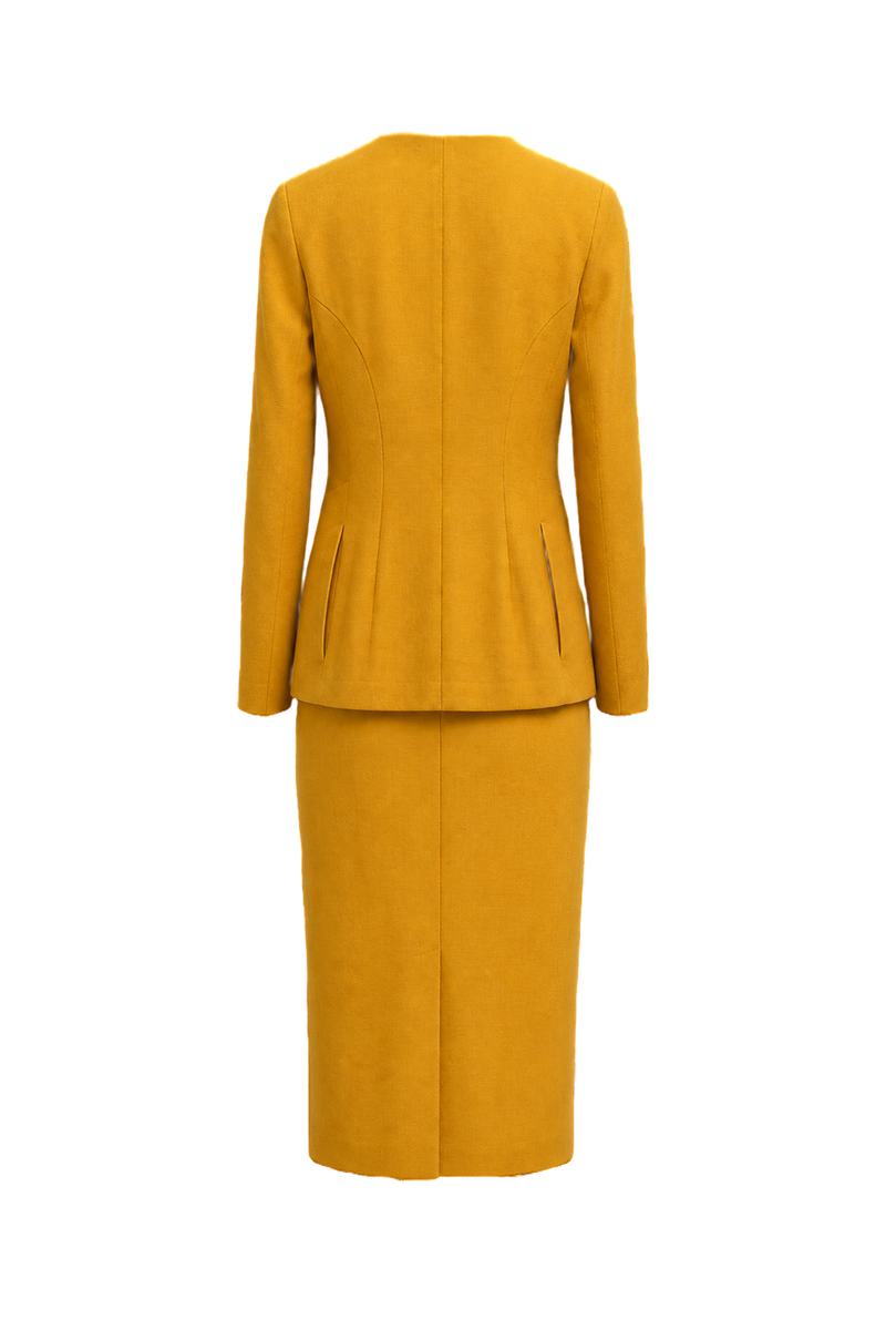 1990s Mustard Yellow Wool Blend 2-Piece Skirt Suit - Back View