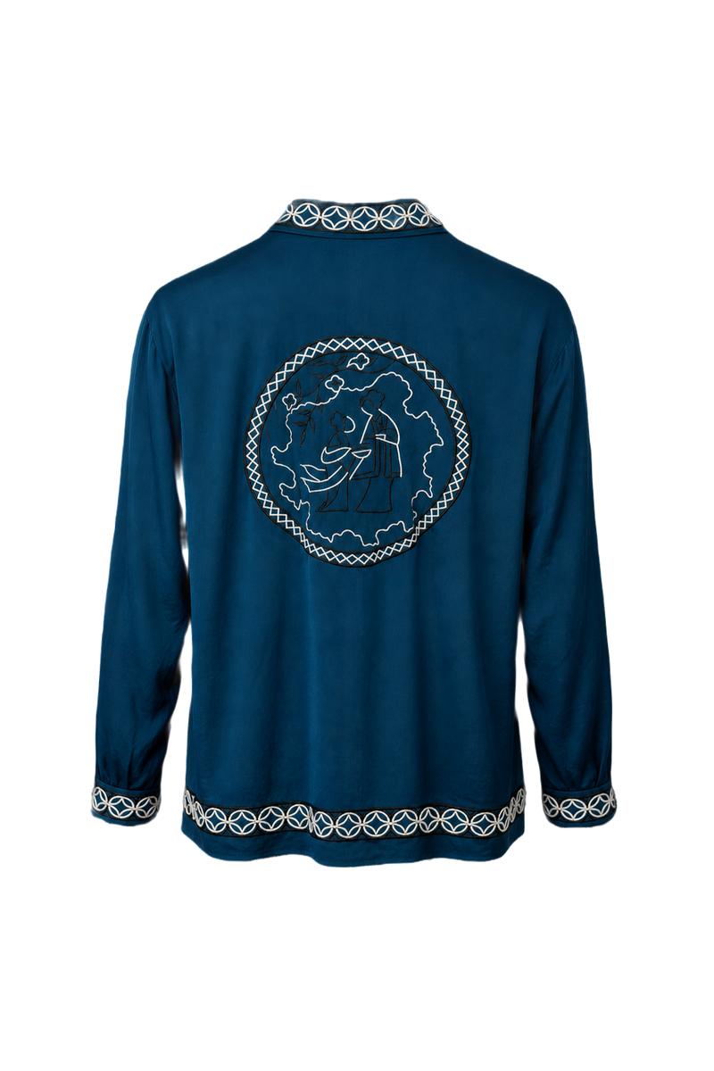 1980s Teal Blue Polyester Blouse - Back View