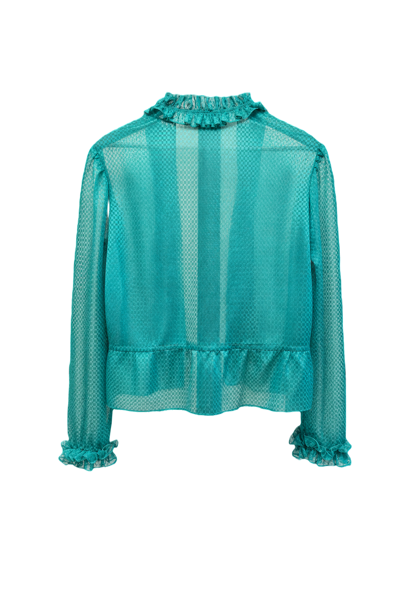 1980s Teal Polyester Blouse - Back View
