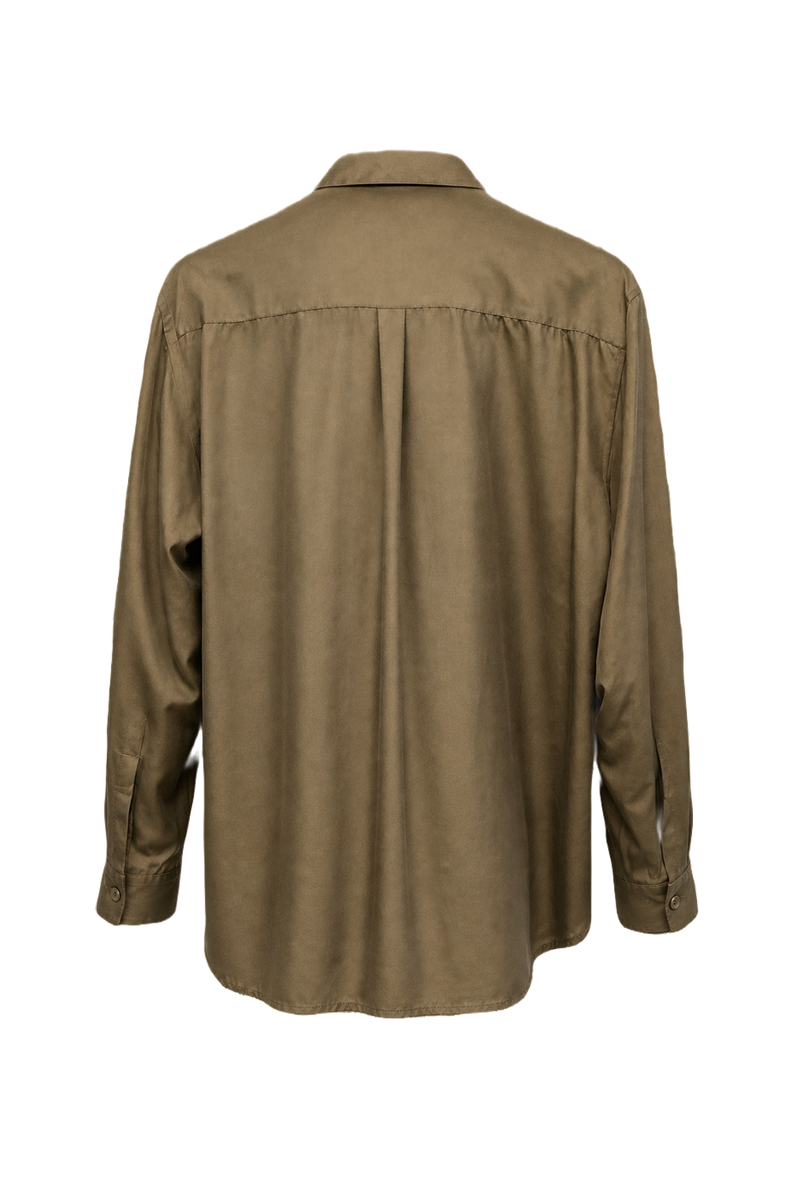 1980s Olive Green Satin-Like Button-Down Shirt - Back View