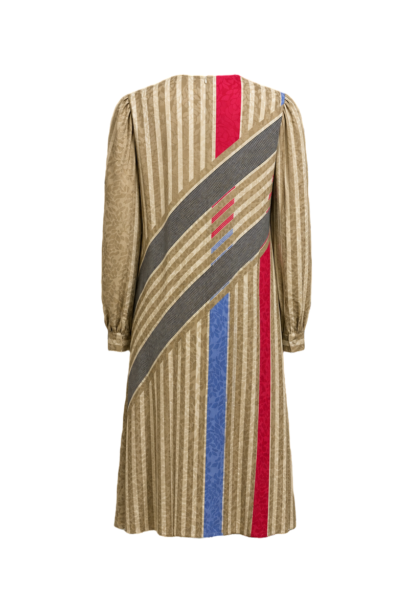1980s Beige with Multicolor Polyester Dress - Back View