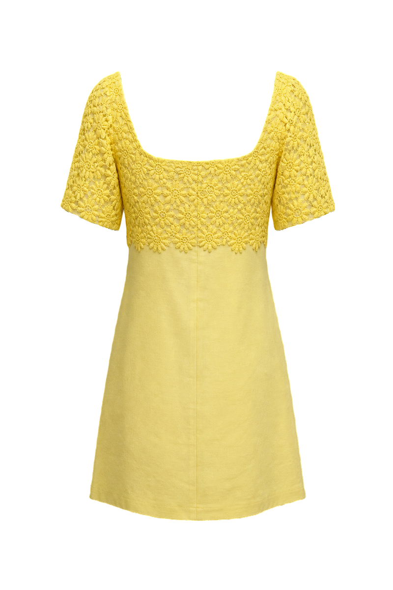 1960s Yellow Cotton Blend Mini Dress - Back View